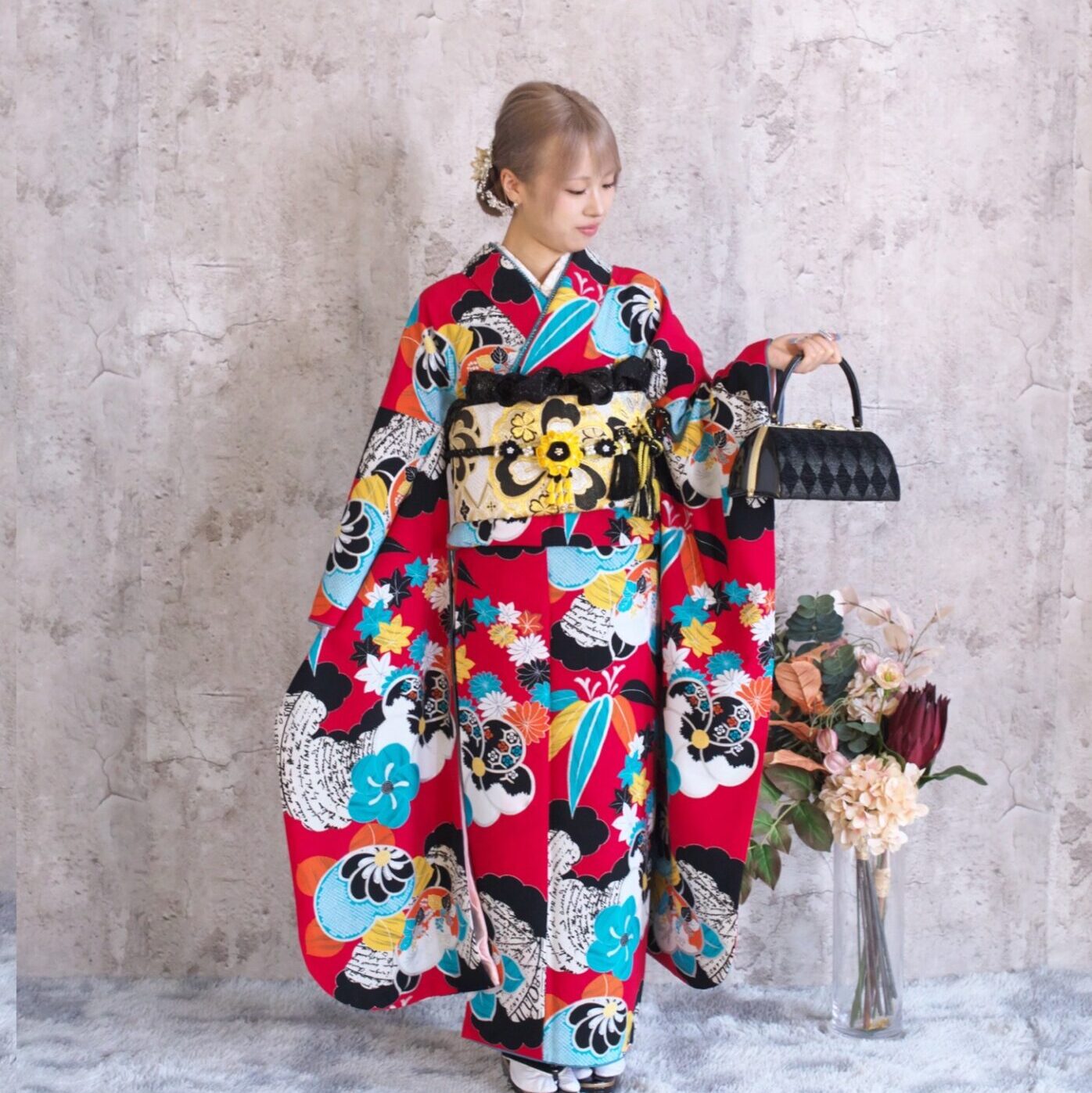 個性的なレンタル振袖、小物合わせ、他と被らないオリジナルなご提案を静岡市の写真館で